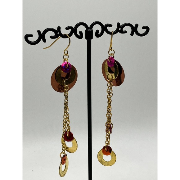 Shiny Pink Gold-Tone Long Dangle Earrings Vintage! - Picture 5 of 9
